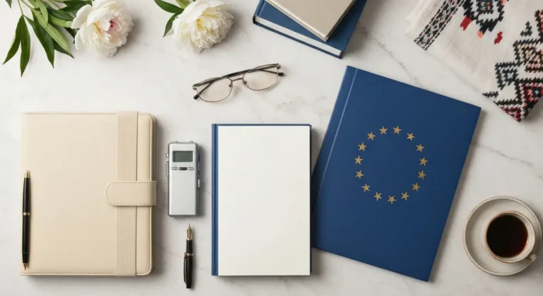 Notatnik dziennikarski, dyktafon i książki na marmurowym blacie z subtelnymi symbolami Europy