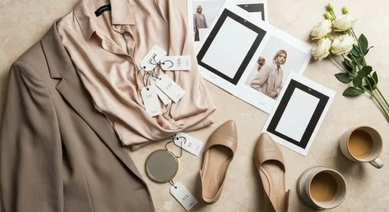 Elegancki flat lay z ubraniami, lustrem i akcesoriami do sesji modelingowej