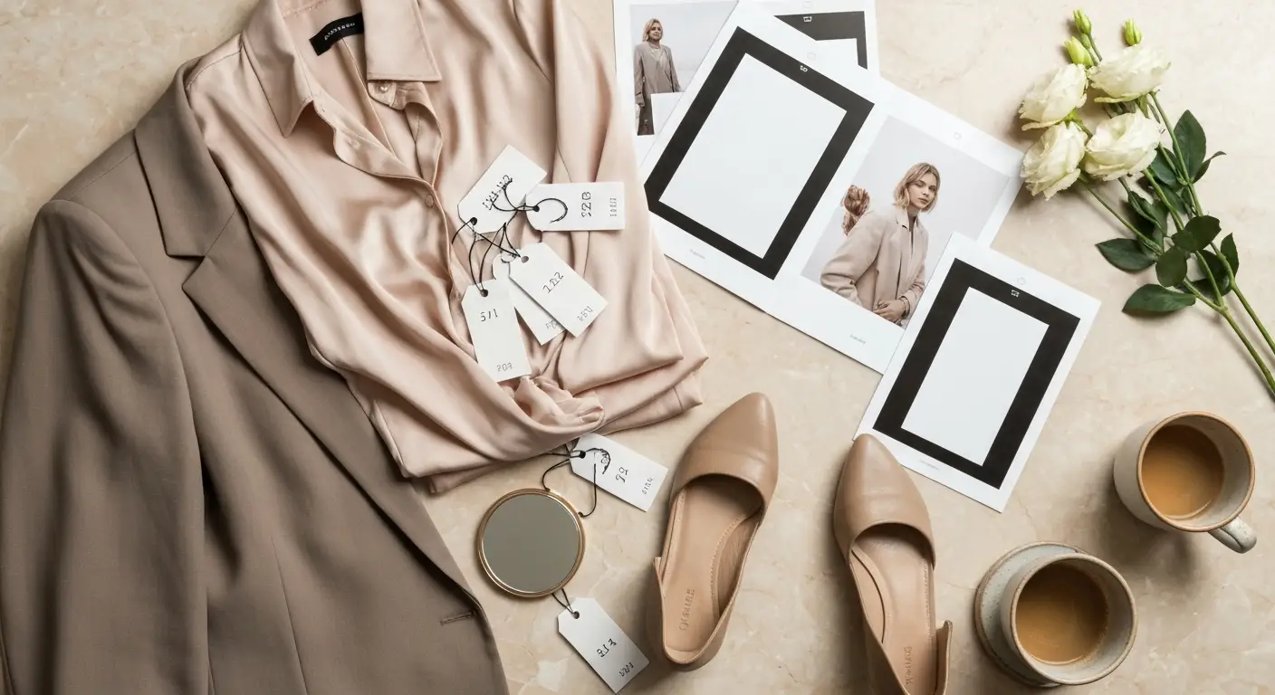 Elegancki flat lay z ubraniami, lustrem i akcesoriami do sesji modelingowej