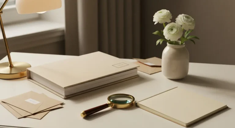 Eleganckie biurko z teczką archiwalną, lupą i białymi kwiatami symbolizujące weryfikację informacji