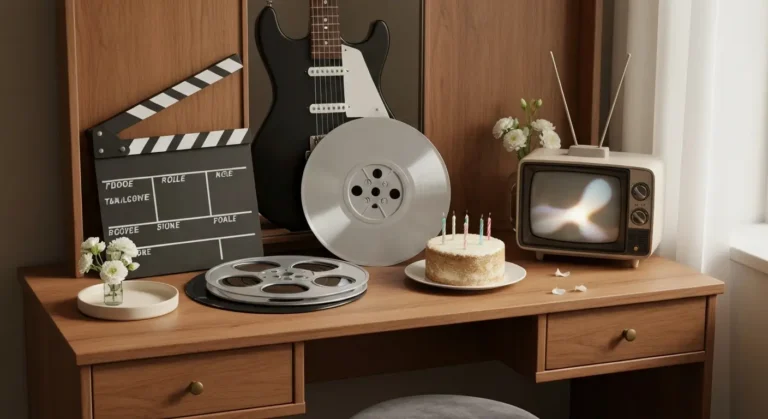 Gitara, klaps filmowy, rolka taśmy i tort na drewnianym stoliku