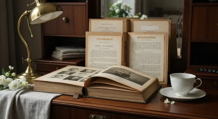 Archiwalny album i teatralne pamiątki na drewnianym stoliku, symbolizujące prywatną biografię