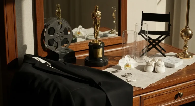 Elegancka martwa natura z garniturem, filmową szpulą, statuetką, obrączkami i dziecięcymi bucikami