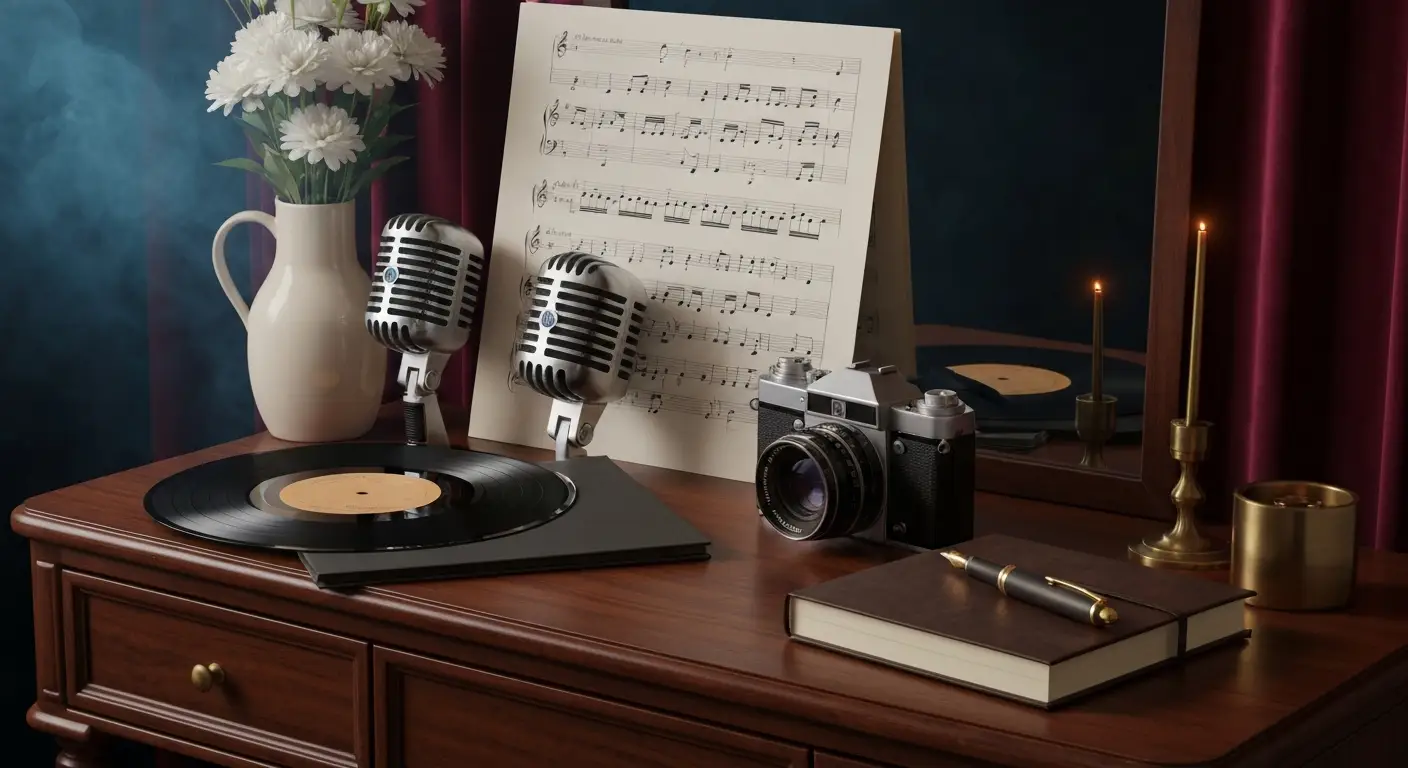 Vintage mikrofon jazzowy, płyta winylowa i aparat fotograficzny na drewnianym stoliku