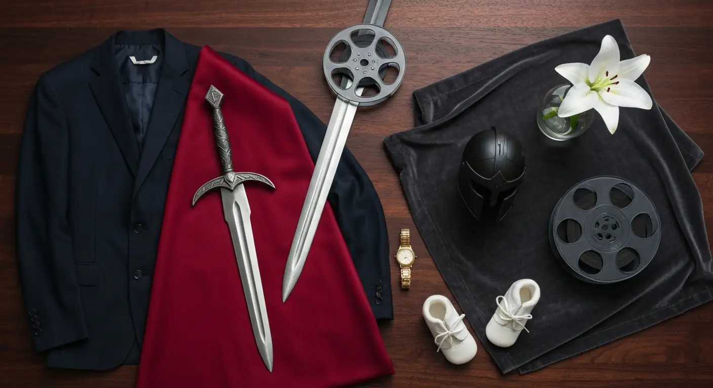 Elegancki flat lay z granatową marynarką, czerwoną peleryną, mieczem, zegarkiem i dziecięcymi bucikami