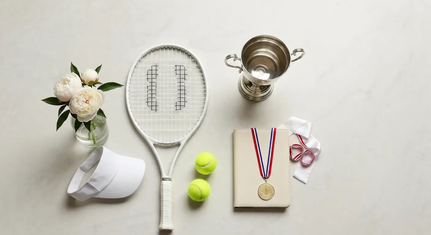 Rakieta tenisowa, piłki, puchar i medal ułożone na marmurowej toaletce