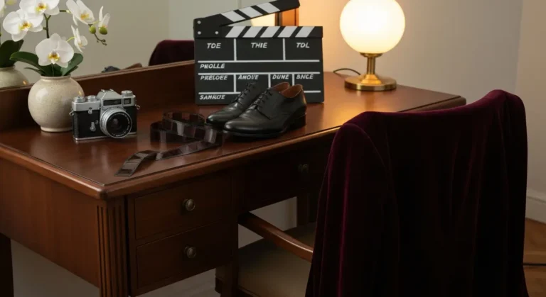 Filmowy martwy kadr z aparatem, taśmą filmową, klapsem i bordową marynarką na drewnianej toaletce