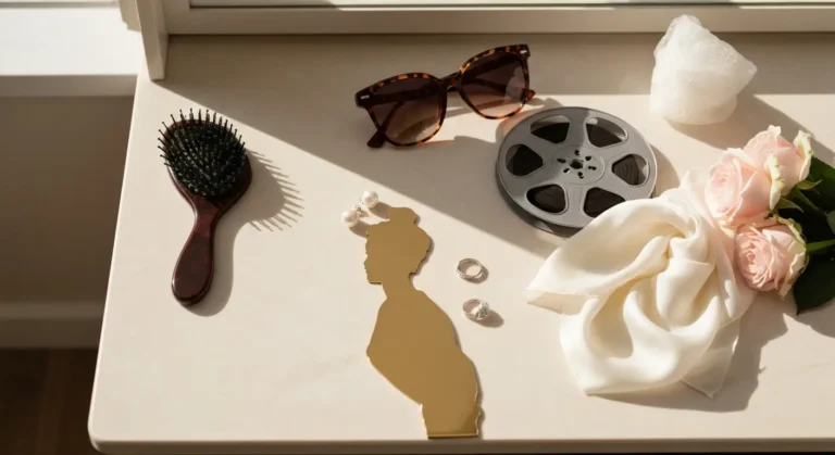 Elegancka martwa natura z akcesoriami filmowymi, obrączką, szczotką do włosów i różami