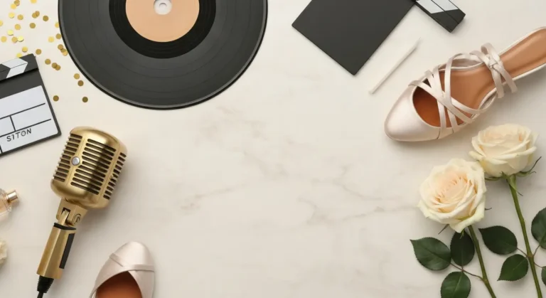 Elegancki flat lay z mikrofonem, płytą winylową, butami tanecznymi i różami
