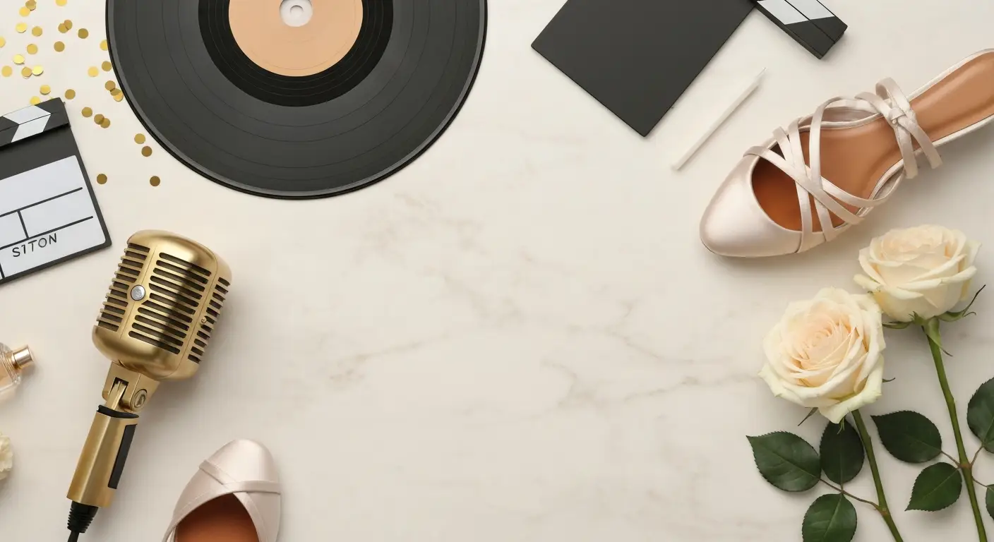 Elegancki flat lay z mikrofonem, płytą winylową, butami tanecznymi i różami