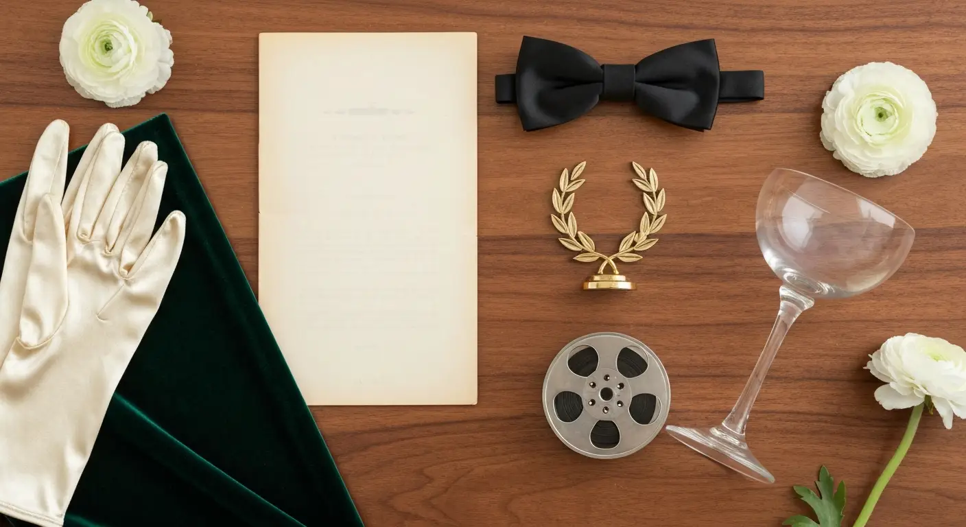 Elegancki flat lay z rekwizytami teatralnymi, filmową szpulą i złotą statuetką