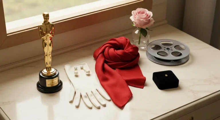 Filmowe rekwizyty, złota statuetka i czerwona jedwabna apaszka na marmurowej toaletce