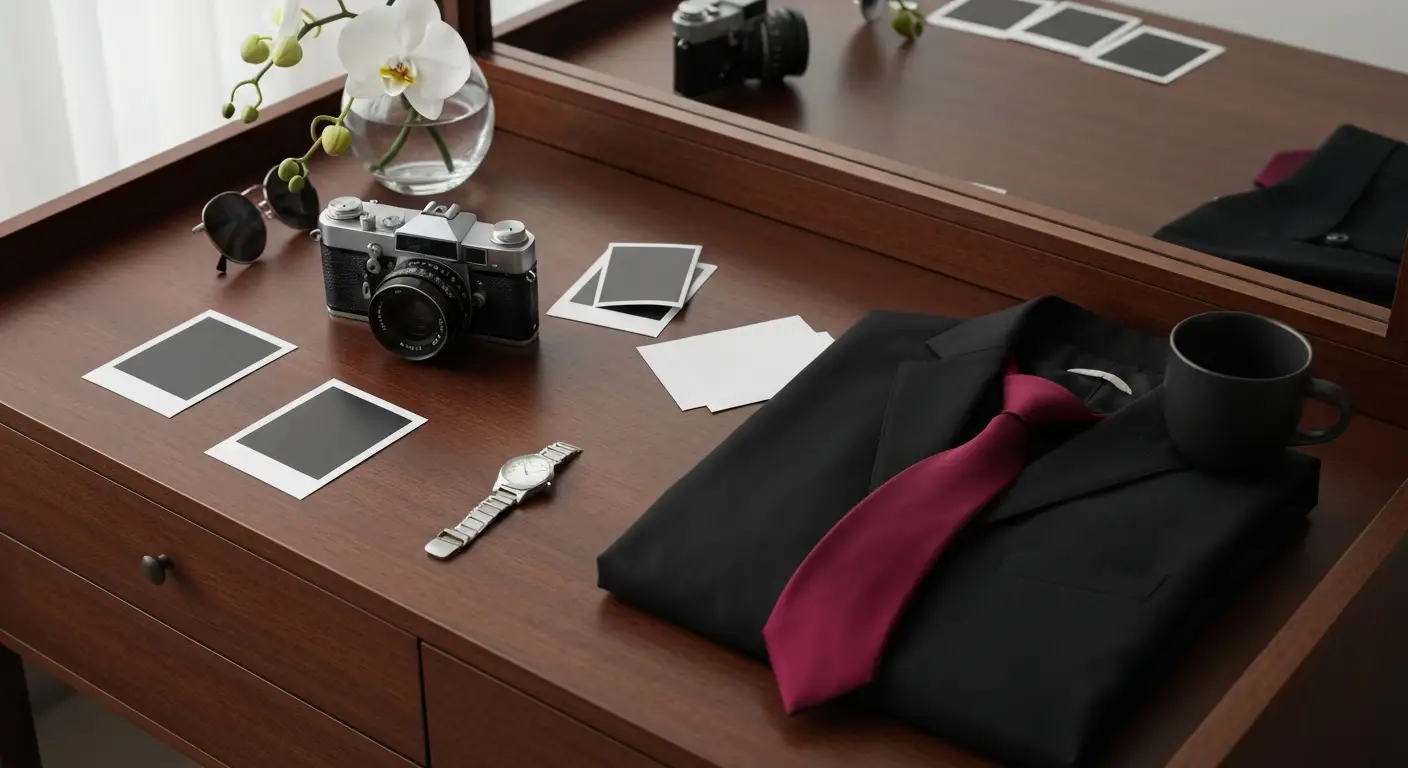Elegancki stolik z aparatem fotograficznym, czarną marynarką, zegarkiem i białą orchideą