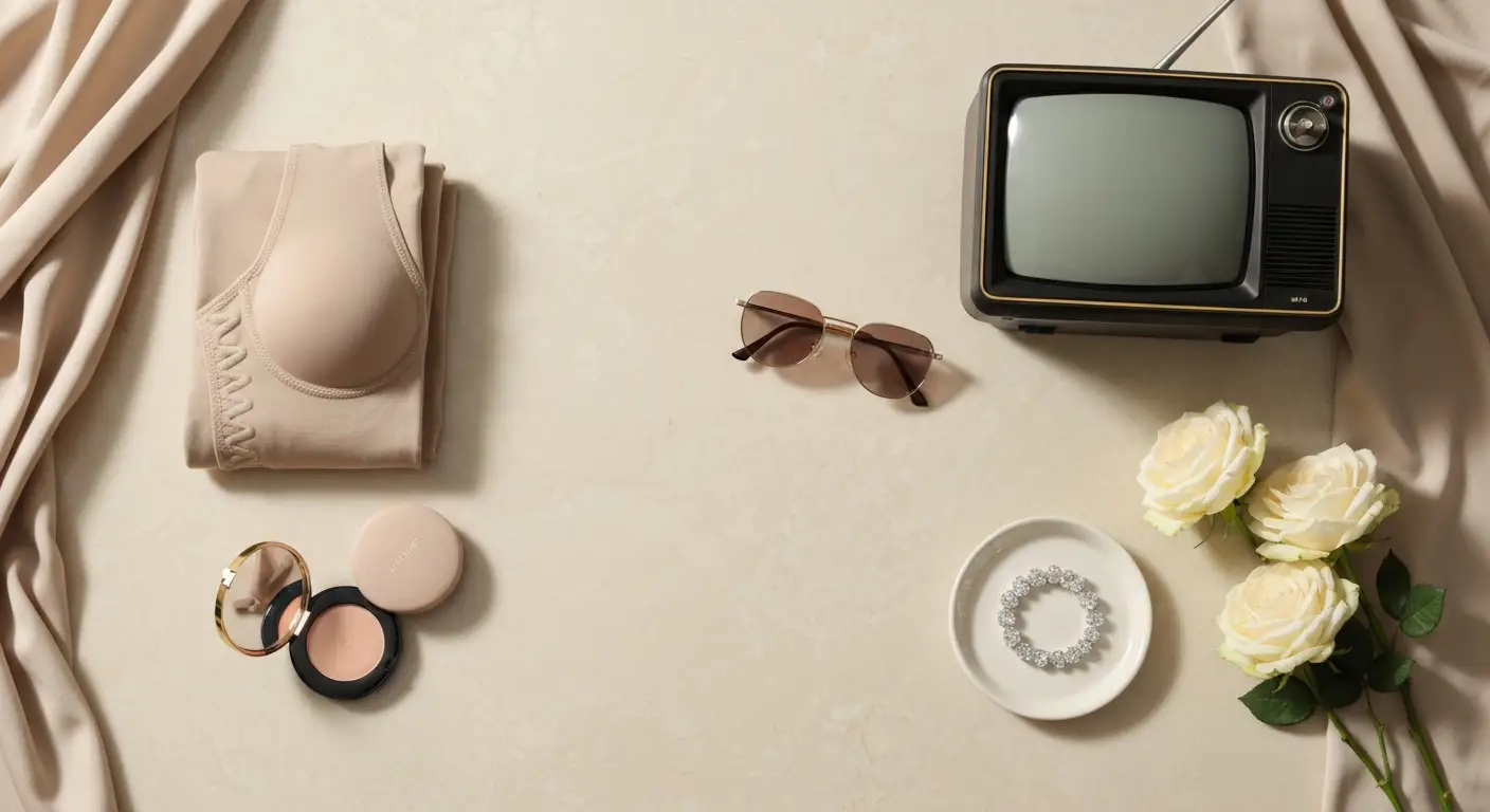 Beżowa stylizacja flat-lay z bielizną modelującą, biżuterią i pustym ekranem telewizora