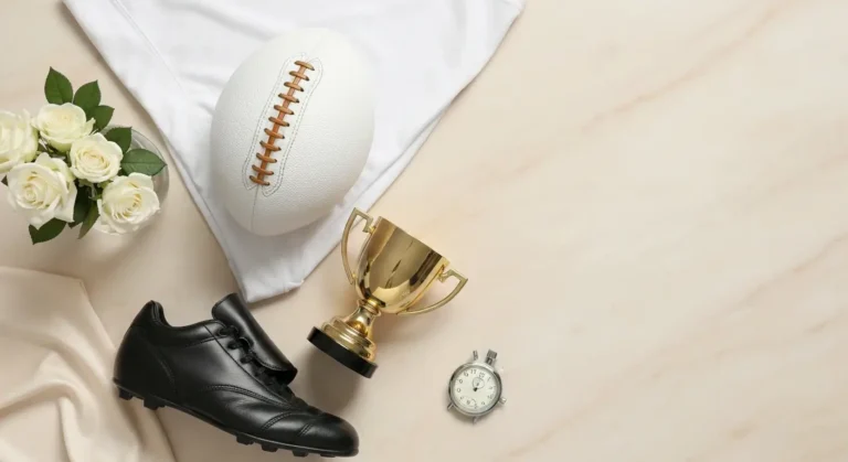 Biała piłka, sportowy but i złoty puchar na marmurowym blacie z białymi różami