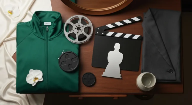 Zielona kurtka, rekwizyty filmowe i eleganckie materiały na drewnianym stoliku