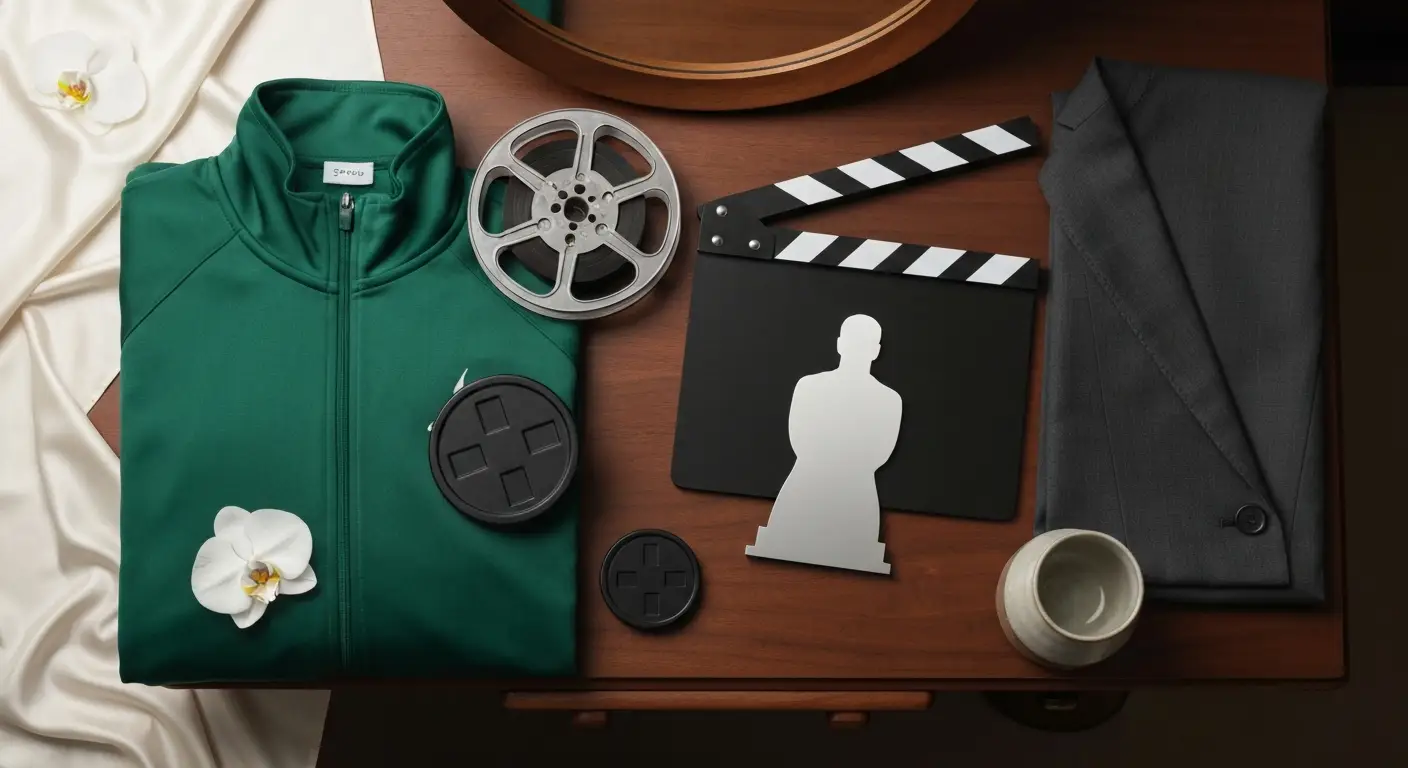 Zielona kurtka, rekwizyty filmowe i eleganckie materiały na drewnianym stoliku