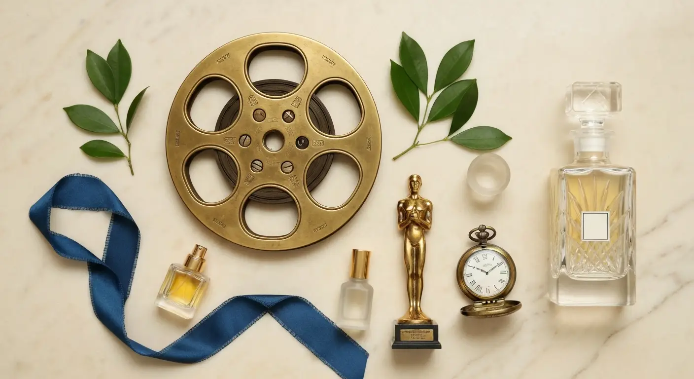 Filmowa martwa natura z rolką filmu, złotą statuetką, zegarkiem i zielonymi liśćmi na marmurze