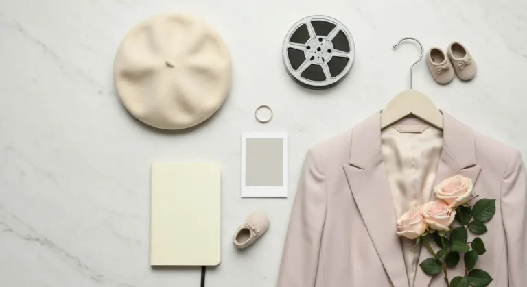 Elegancka stylizacja z beretem, taśmą filmową, obrączką i dziecięcymi bucikami na marmurze