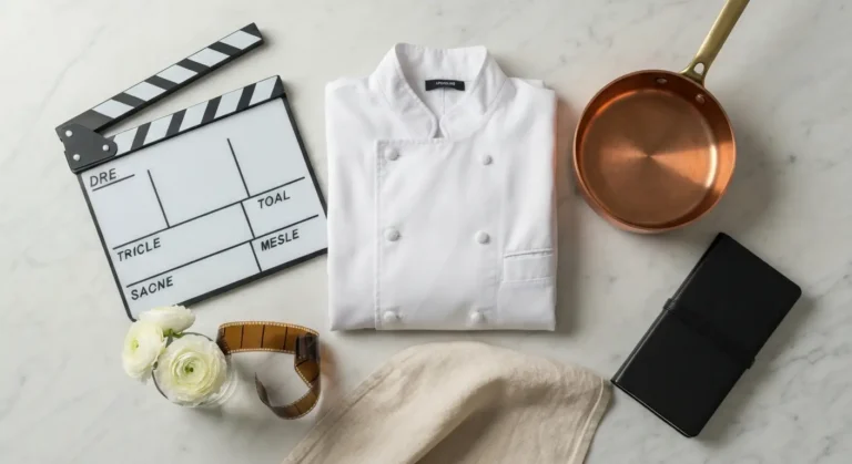 Filmowa martwa natura z pustym klapsem, taśmą filmową i kuchennymi rekwizytami