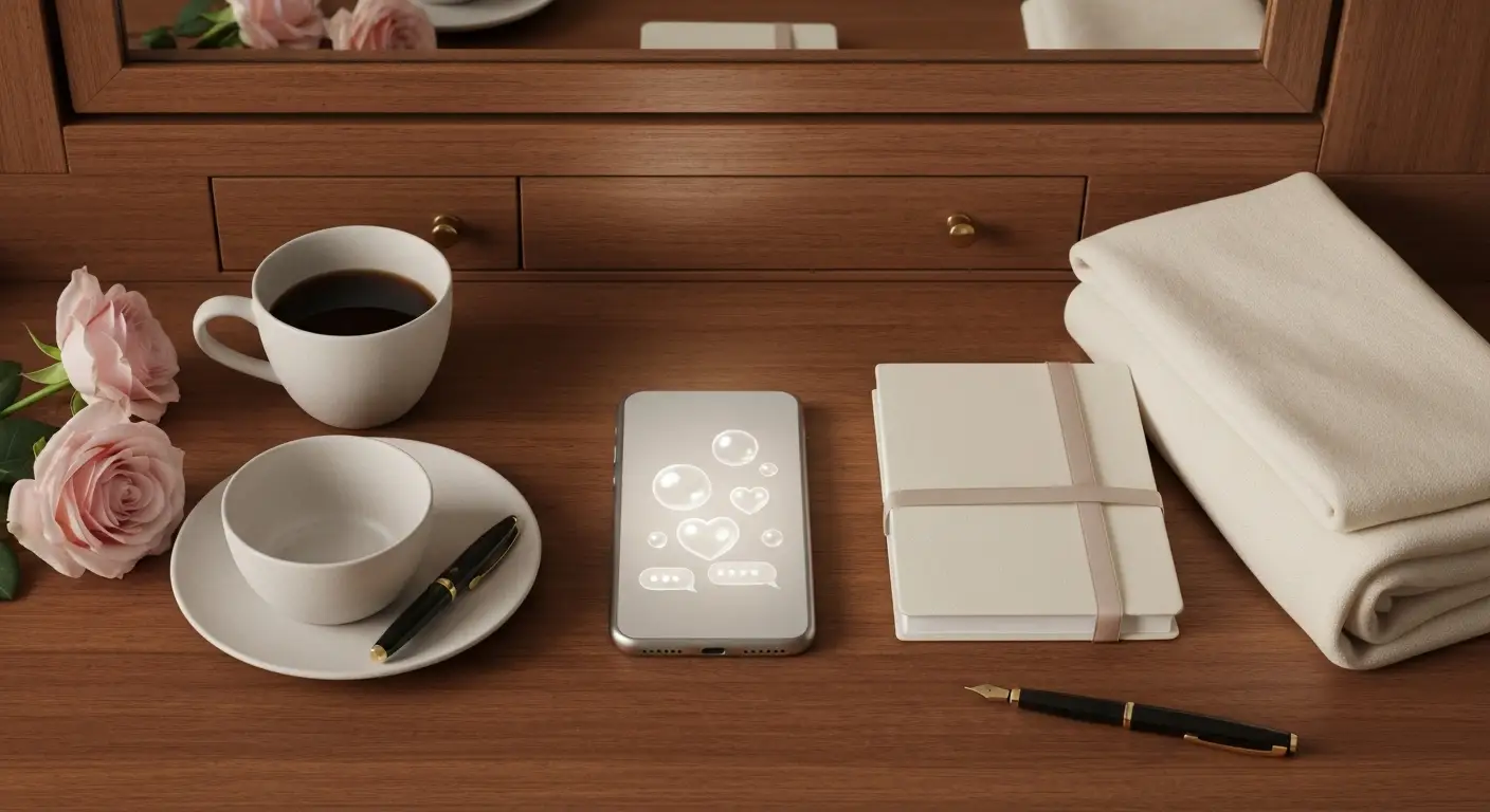 Smartfon z symboliczną rozmową, kawa, notes i różowe róże na drewnianym stoliku