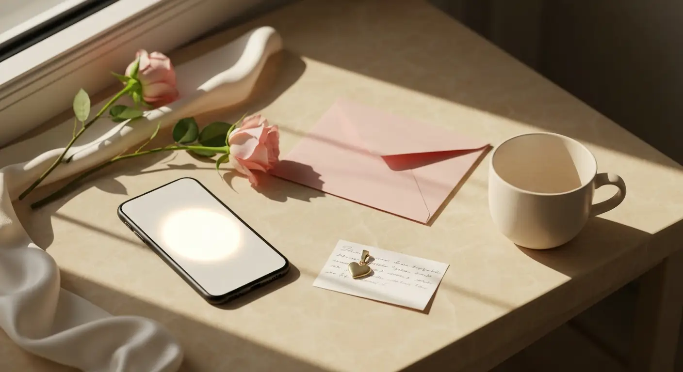 Telefon, różowa koperta, kawa i róże na marmurowym stoliku jako symbol krótkiego wyznania miłosnego