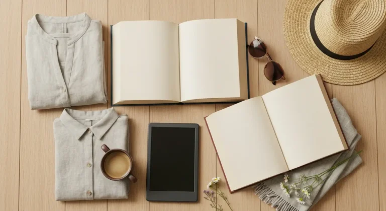 Walizka z książkami na wakacje, czytnikiem e-booków, kapeluszem i kawą