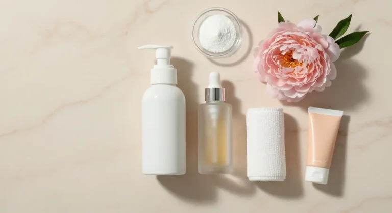Serum z kwasem azelainowym, krem SPF i delikatne akcesoria pielęgnacyjne na marmurowej tacy