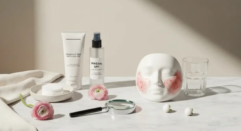 Kosmetyki do łagodnej pielęgnacji i lupa obok porcelanowej twarzy z suchymi zaczerwienieniami