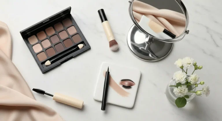 Paleta matowych cieni, cienki eyeliner, zalotka i pędzle na marmurowej toaletce