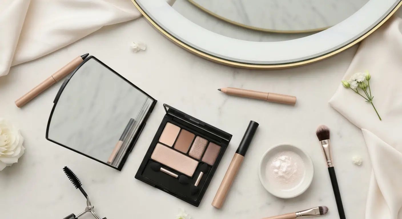 Paleta neutralnych cieni, cienki eyeliner, zalotka i tusz na marmurowej toaletce