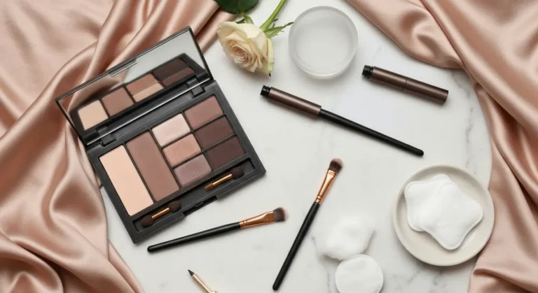Paleta brązowych cieni i pędzle do wykonania makijażu smokey eyes
