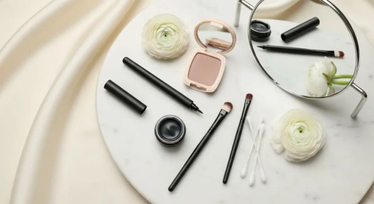 Eyeliner w pisaku, żelowy liner i skośny pędzelek na marmurowej toaletce