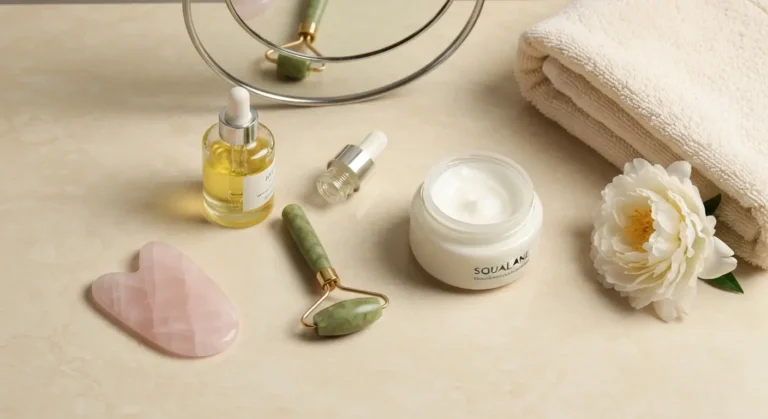 Gua sha, roller i kosmetyki do delikatnego masażu twarzy na kremowym marmurze