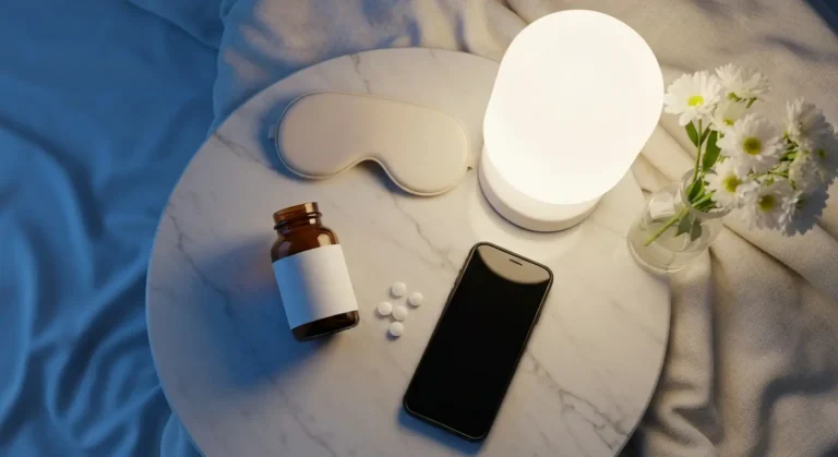 Butelka melatoniny, maska do spania i telefon odłożony ekranem do dołu na stoliku nocnym