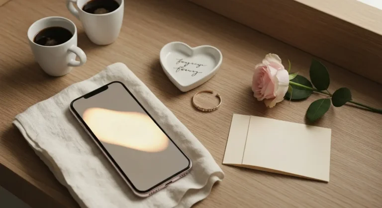 Smartfon na lnianej tkaninie obok kawy, róży i delikatnej biżuterii