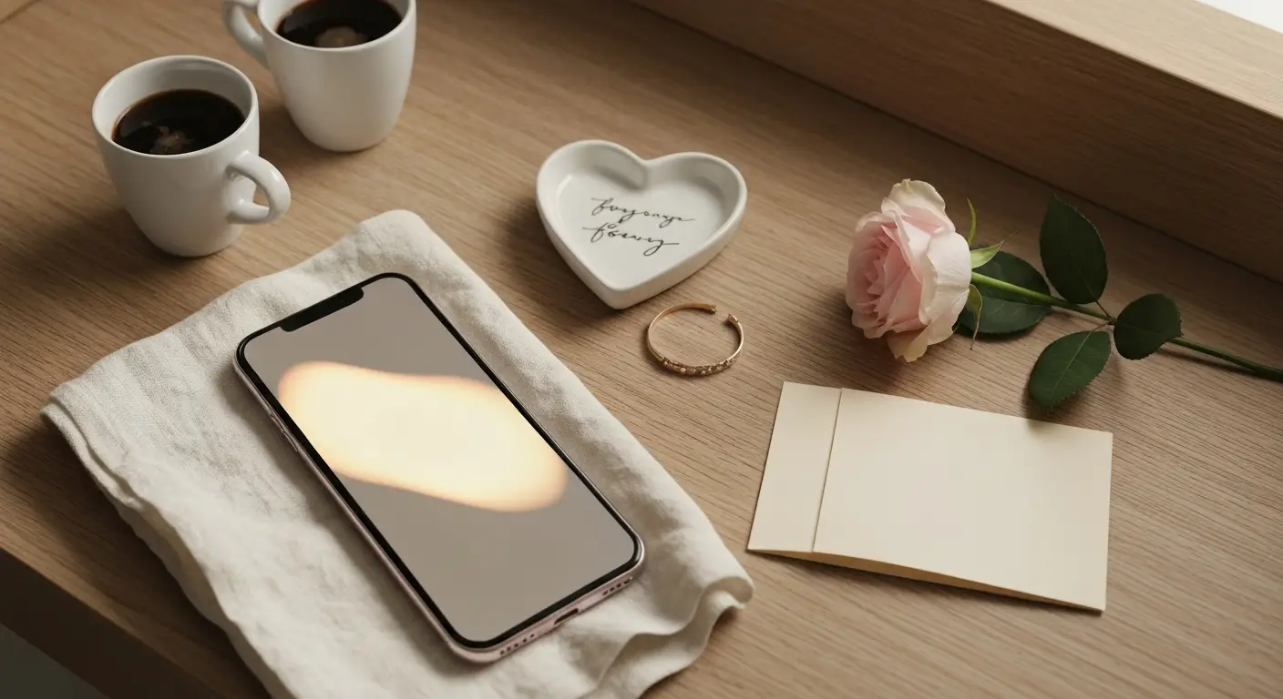Smartfon na lnianej tkaninie obok kawy, róży i delikatnej biżuterii