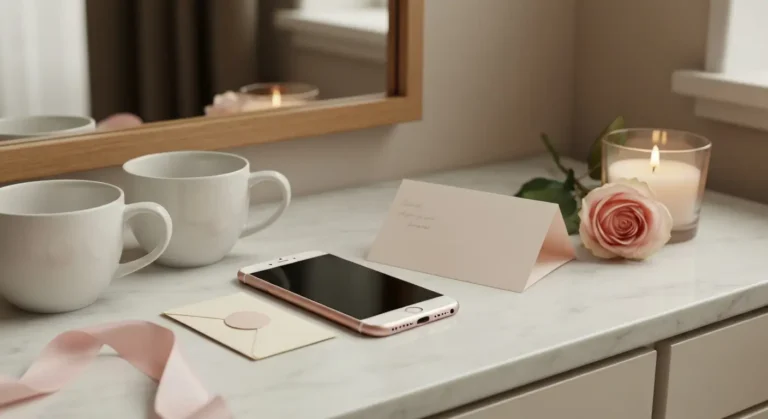 Smartfon, kawa, róża i koperta na marmurowym stoliku w romantycznej porannej aranżacji