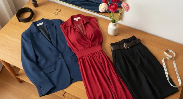 Stylizacja plus size z marynarką, sukienką kopertową, spodniami z wysokim stanem i dodatkami