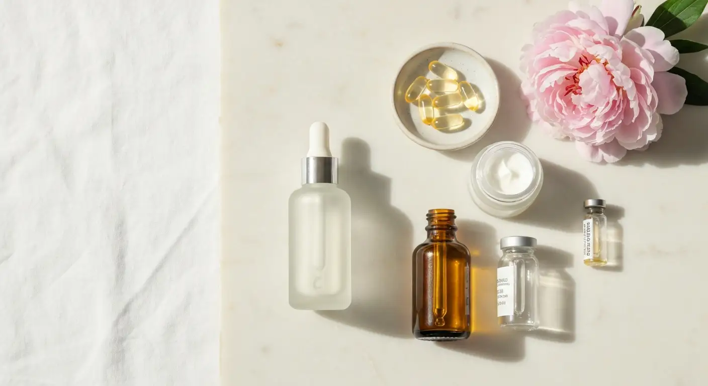 Serum z niacynamidem, krem z ceramidami oraz osobno ustawione kosmetyki z retinolem i kwasami