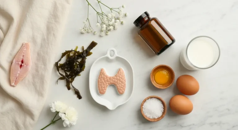 Martwa natura z ceramiczną tarczycą, rybą, algami, jajkami i solą jako źródłami jodu