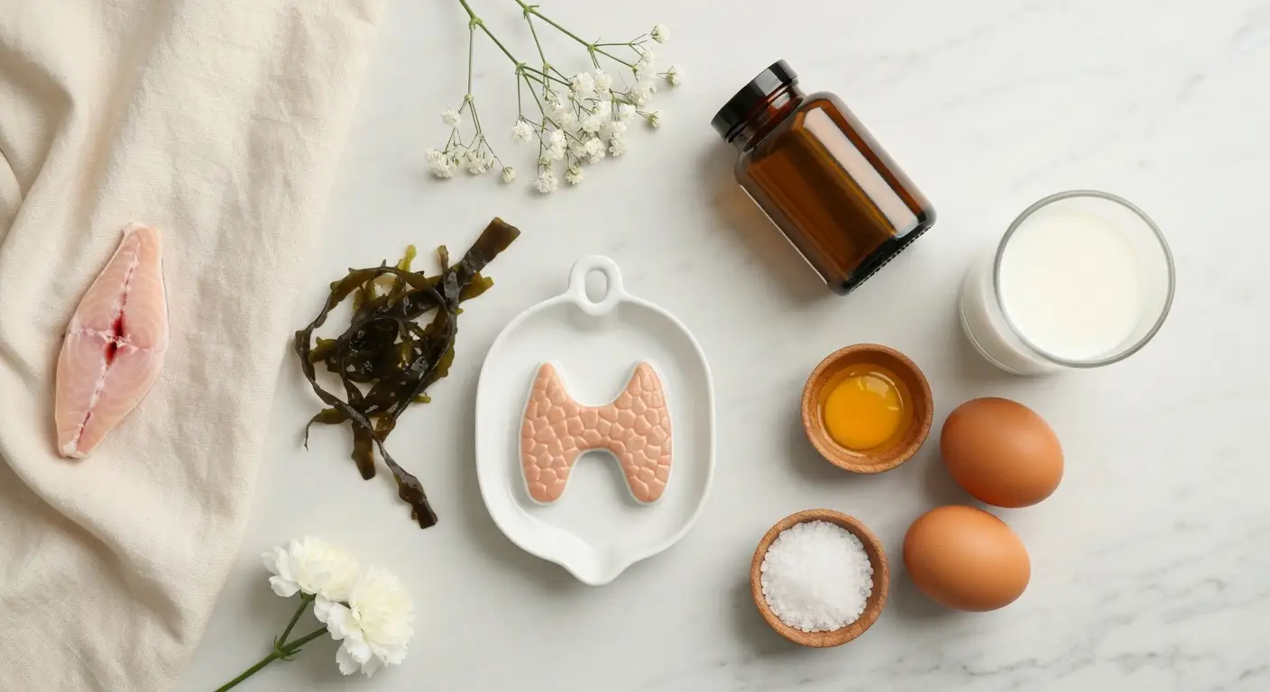 Martwa natura z ceramiczną tarczycą, rybą, algami, jajkami i solą jako źródłami jodu