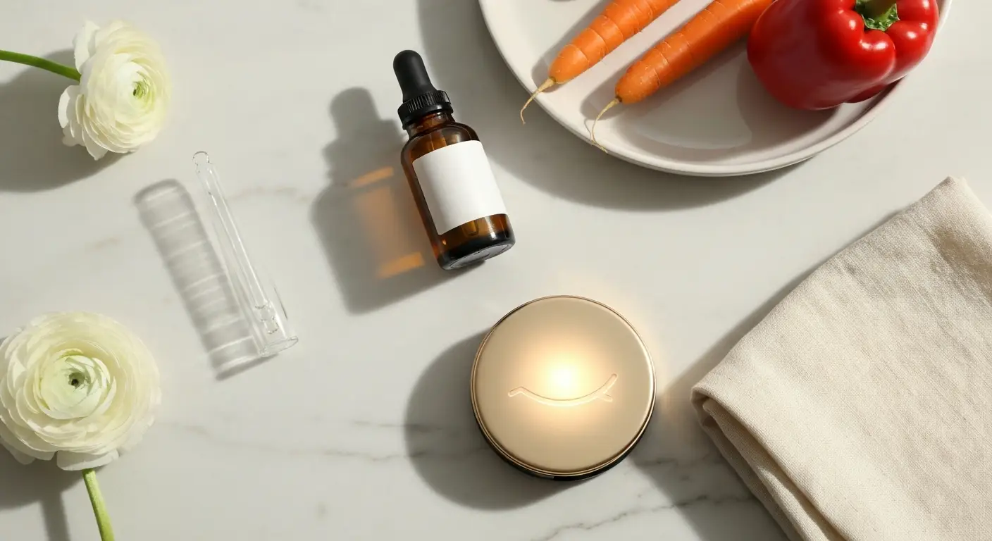 Retinolowe serum, marchew i papryka na marmurze jako symbol witaminy A, wzroku i skóry