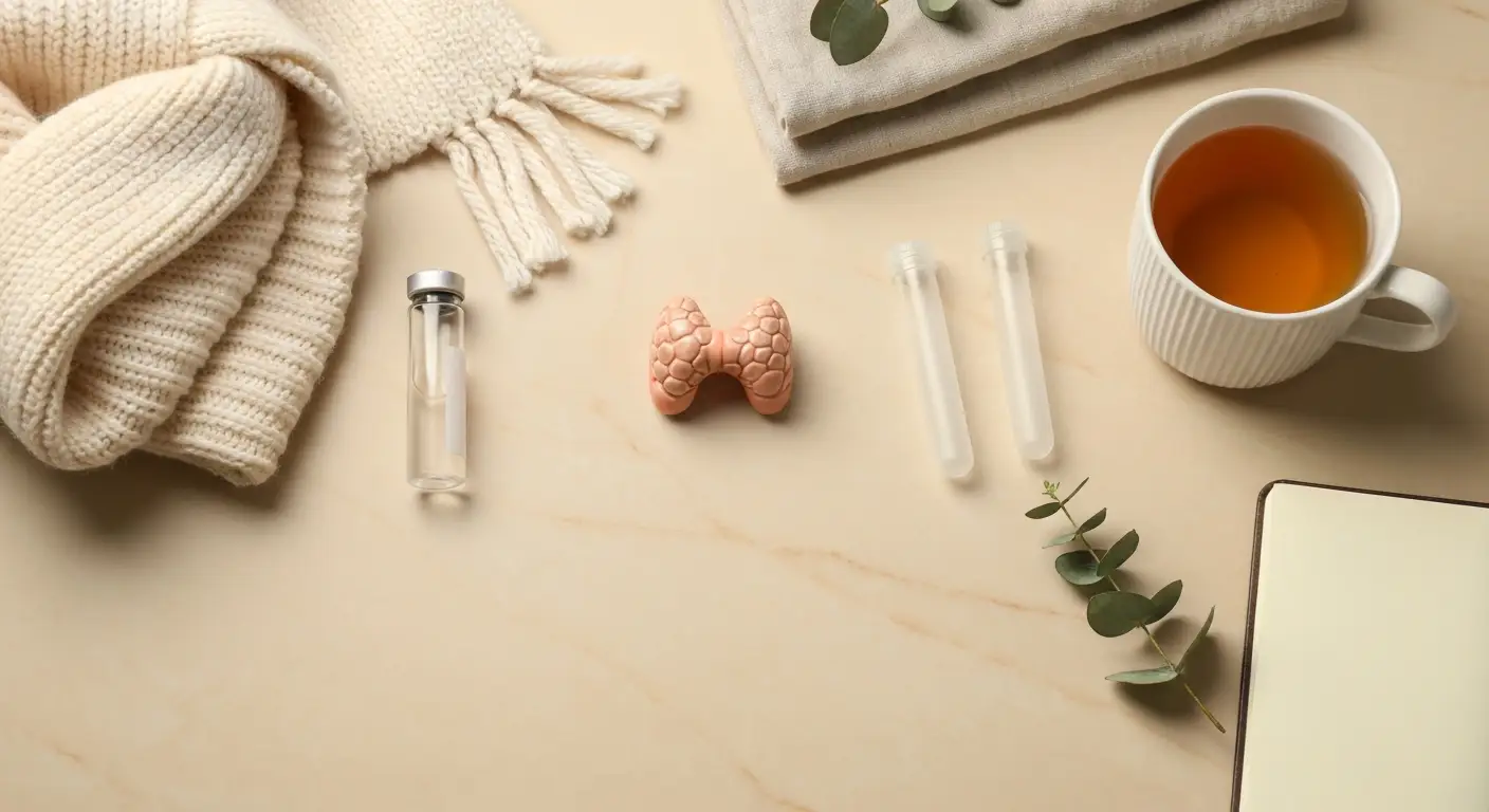 Probówki do badań tarczycy obok ciepłego szalika, herbaty i ceramicznego symbolu tarczycy