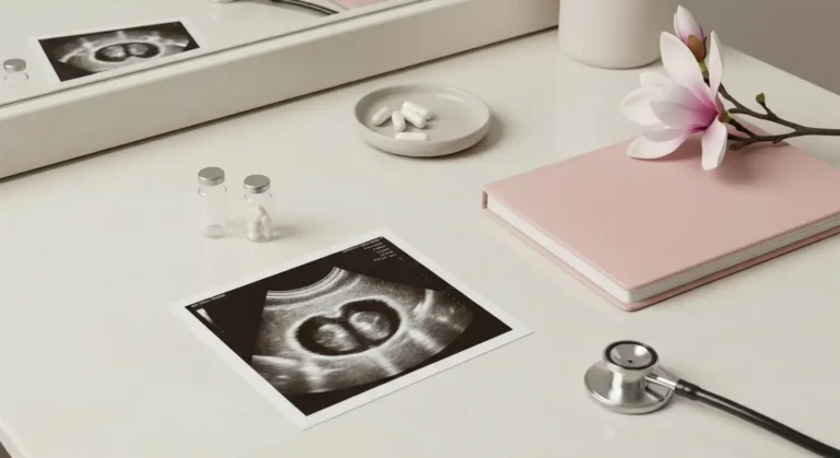 Stół z wynikami USG, fiolkami laboratoryjnymi i stetoskopem do diagnostyki PCOS