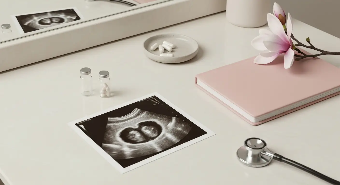 Stół z wynikami USG, fiolkami laboratoryjnymi i stetoskopem do diagnostyki PCOS