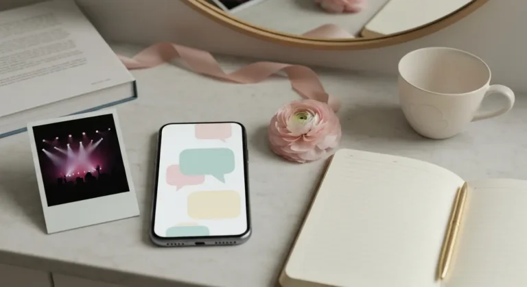 Smartfon z pustymi dymkami czatu, notesem, kawą i kwiatem na marmurowej toaletce