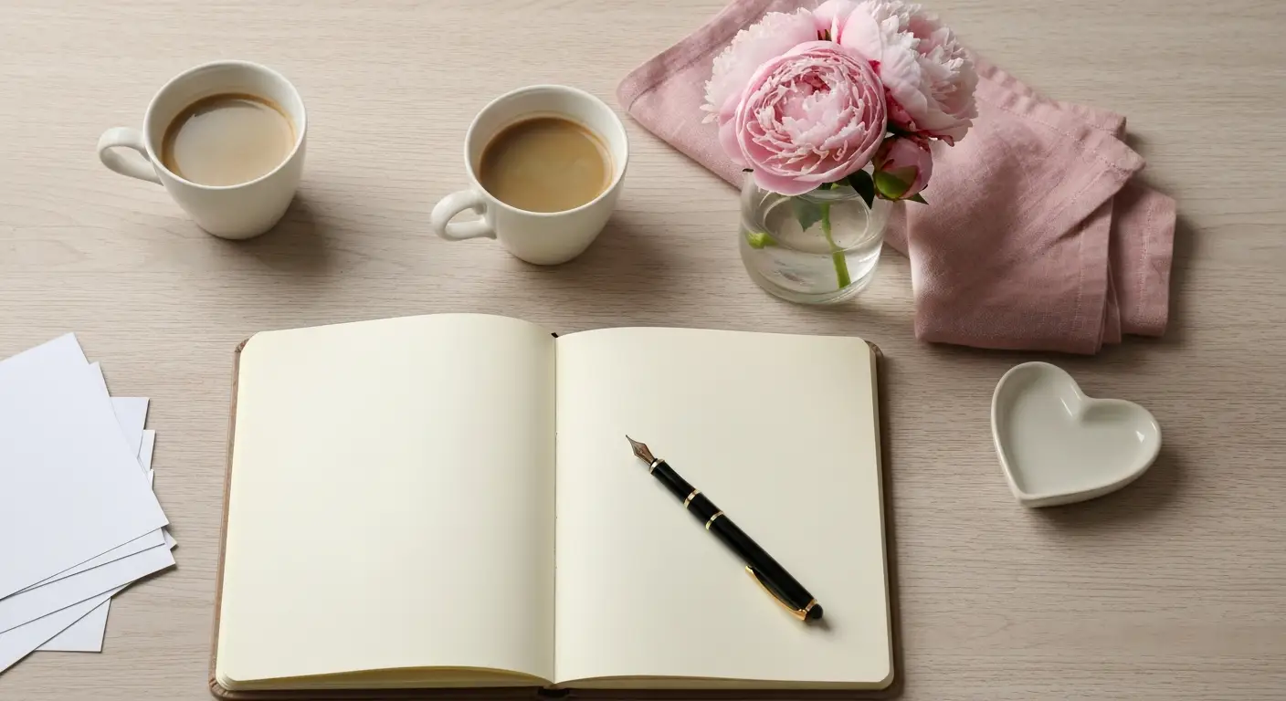 Notes, dwie filiżanki kawy i peonie przygotowane na swobodną rozmowę podczas randki
