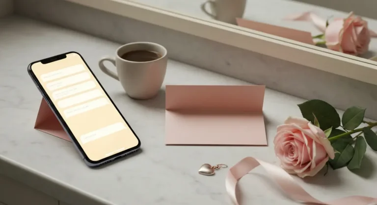 Smartfon na marmurowej toaletce obok róży, kawy i delikatnych romantycznych dodatków