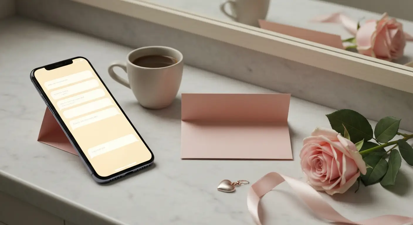 Smartfon na marmurowej toaletce obok róży, kawy i delikatnych romantycznych dodatków